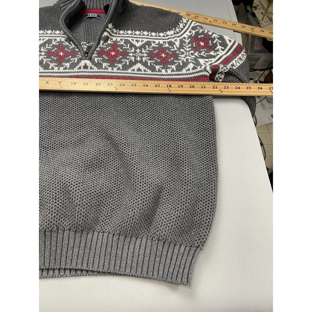 IZOD Mens Sweater Large Fair Isle 1/4 Zip Pullover Chunky Grey Holiday Christmas